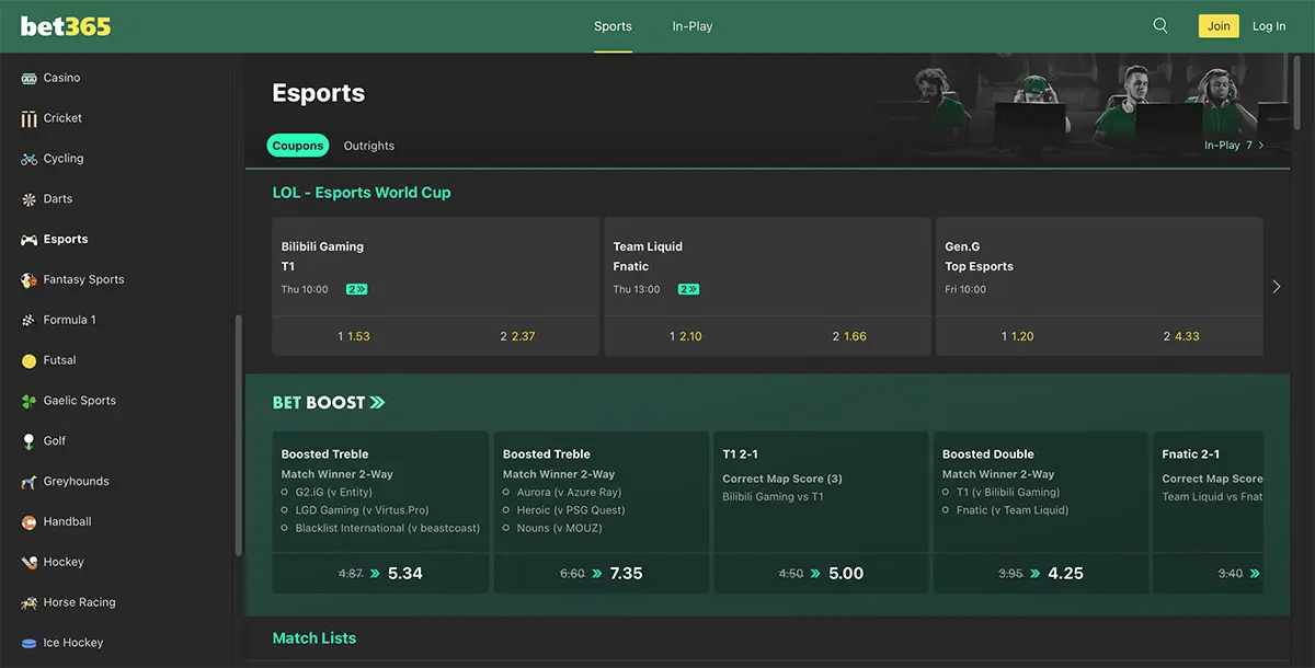 Bet365 is a popular esports betting website in Mexico.