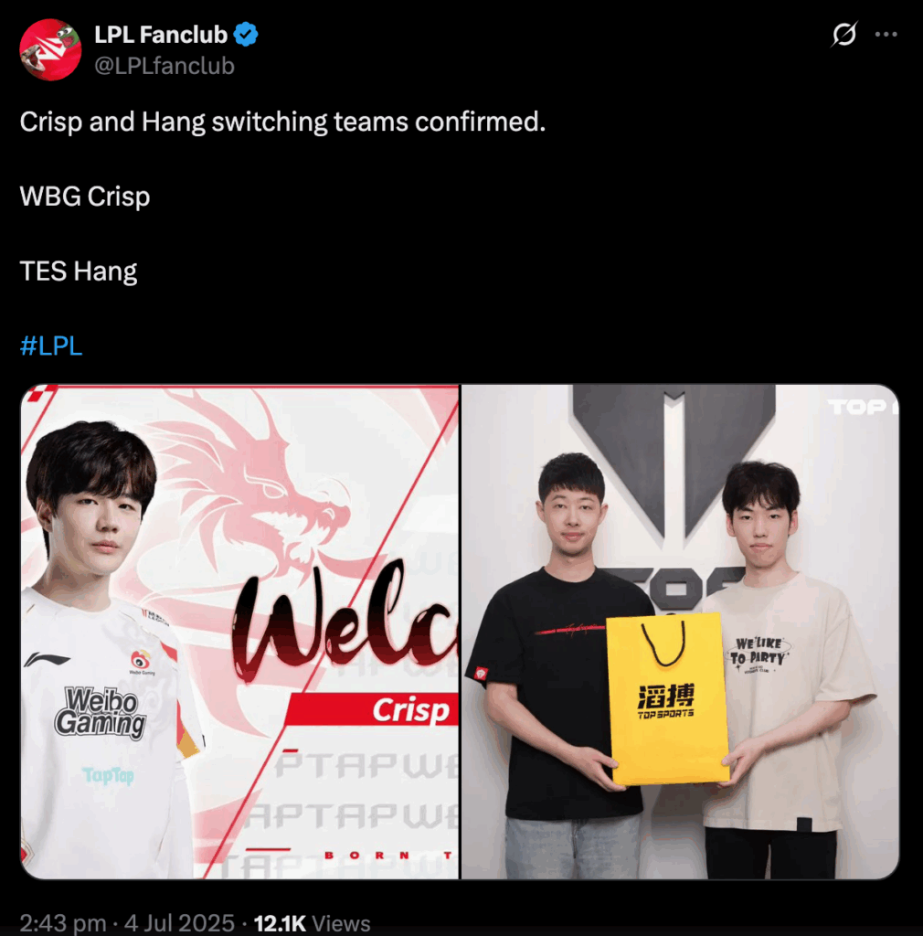 Top Esports' Liu "Crisp" Qingsong and Weibo Gaming's Fu "Hang" Minghang have swapped teams ahead of
League of Legends Pro League (LPL) 2025 Split 3.