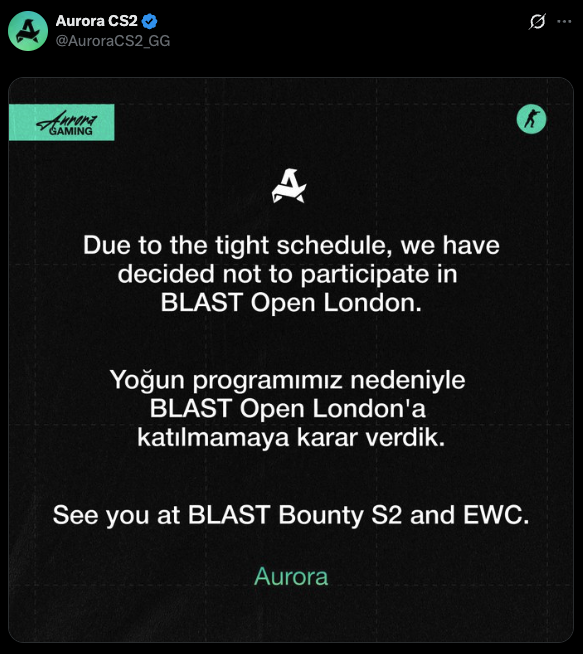 Aurora Gaming pull out of BLAST Open Fall