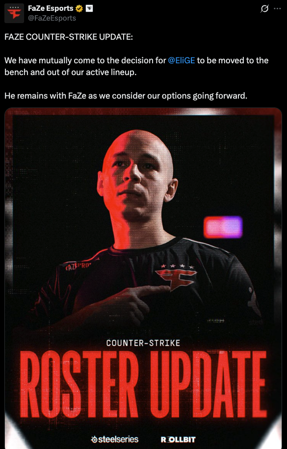 FaZe drop EliGe from CS2 roster