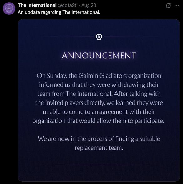 Gaimin Gladiators Withdraw from The International