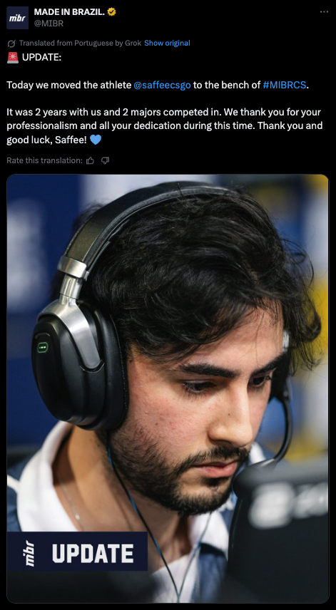 MIBR bench Saffee from their CS2 roster