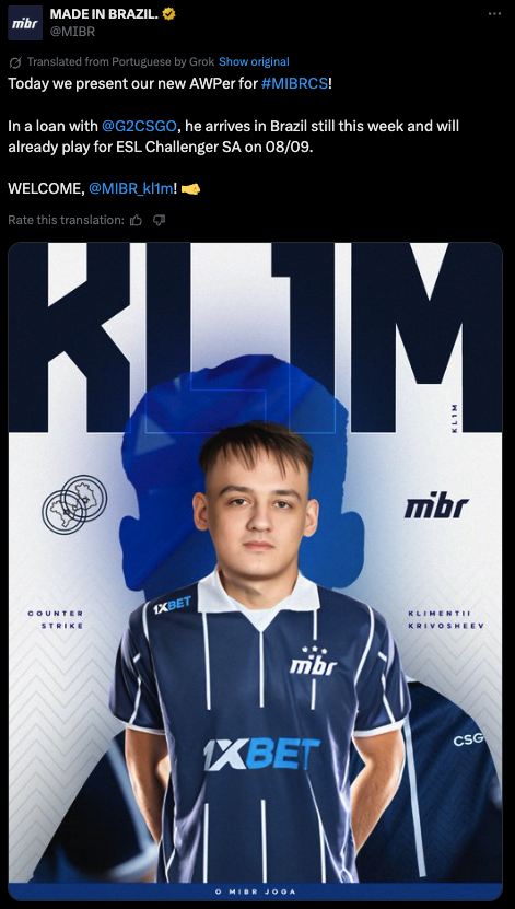 MIBR sign kl1m on loan from G2