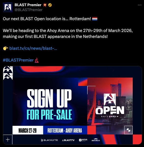 BLAST Open Spring 2026 announced for Rotterdam