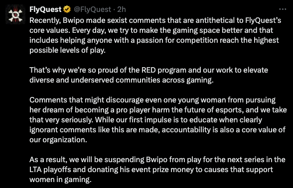 FlyQuest suspend Bwipo for sexist comments