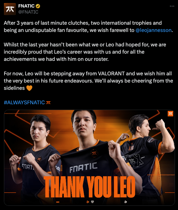Fnatic's Leo retires from VALORANT