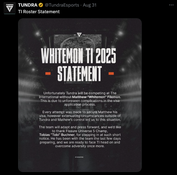 Tundra Esports confirm Whitemon's visa issues