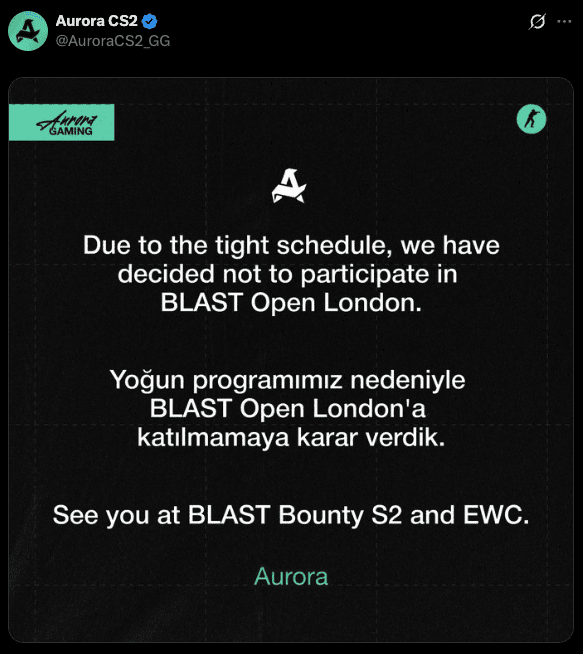 Aurora Gaming pull out of BLAST Open Fall