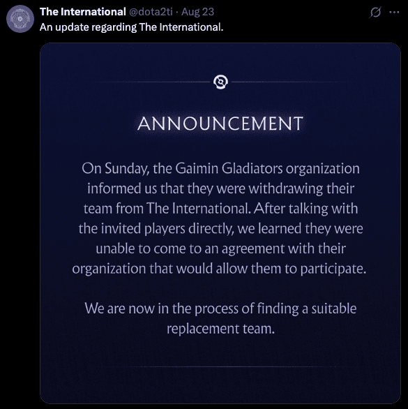 Gaimin Gladiators Withdraw from The International
