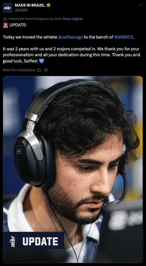 MIBR bench Saffee from their CS2 roster