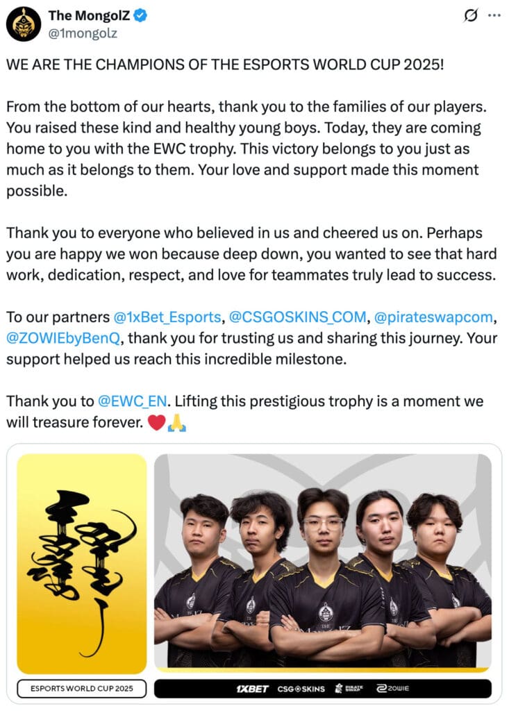 Mongolz win CS2 Esports World Cup 2025 title