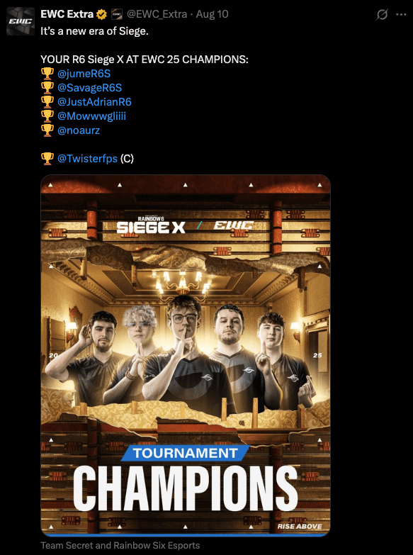 Team Secret claim Rainbow Six Siege EWC title