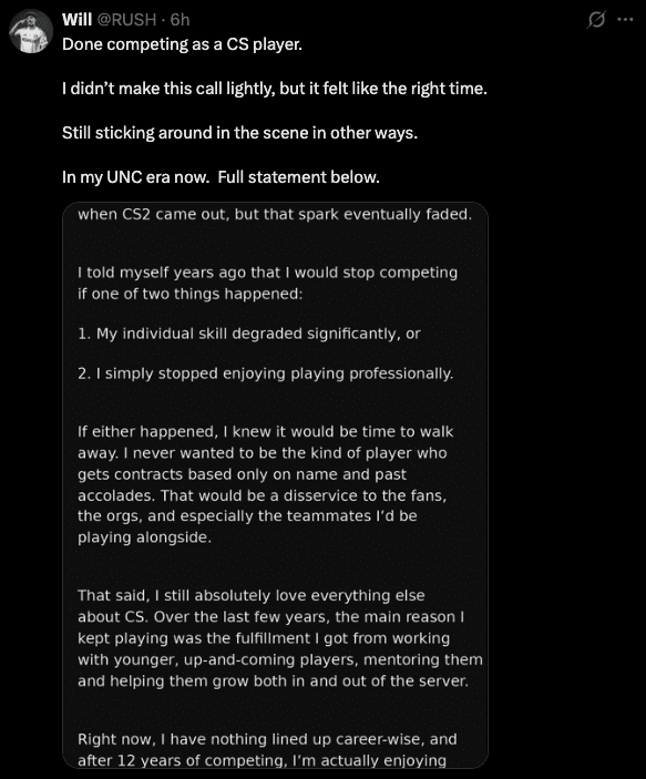 RUSH retires from competitive Counter-Strike