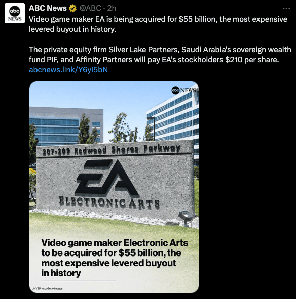 EA acquired by Saudi-led consortium