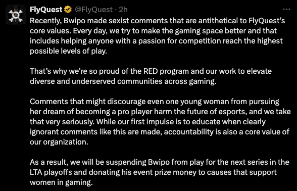 FlyQuest suspend Bwipo for sexist comments