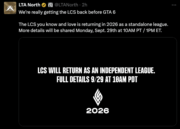 Riot Games announces LCS return in 2026