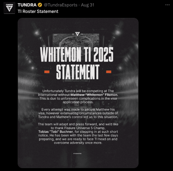 Tundra Esports confirm Whitemon's visa issues