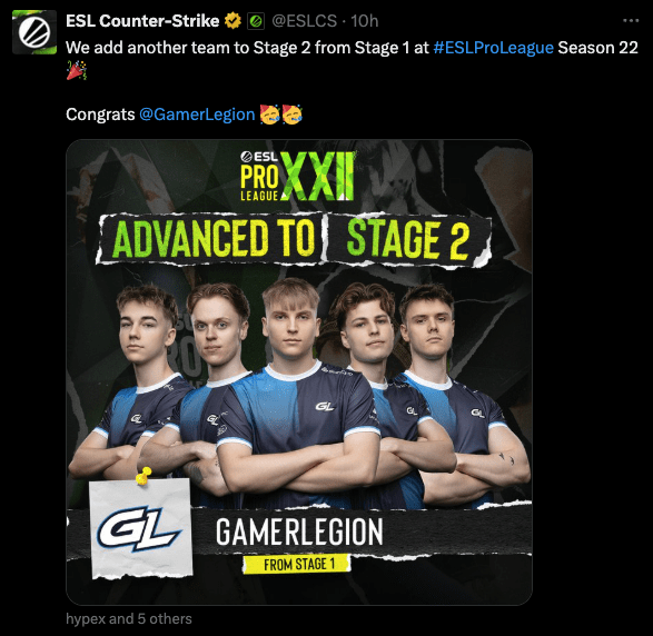 GamerLegion advance to Stage 2 of ESL Pro League S22 