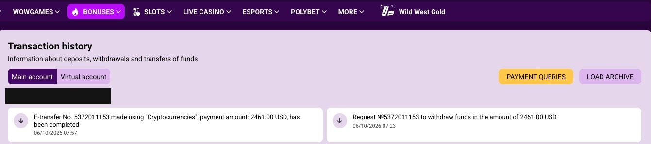 Wowbet payout proof: $2,461 requested 07:23, received 07:57 on October 6, 2026